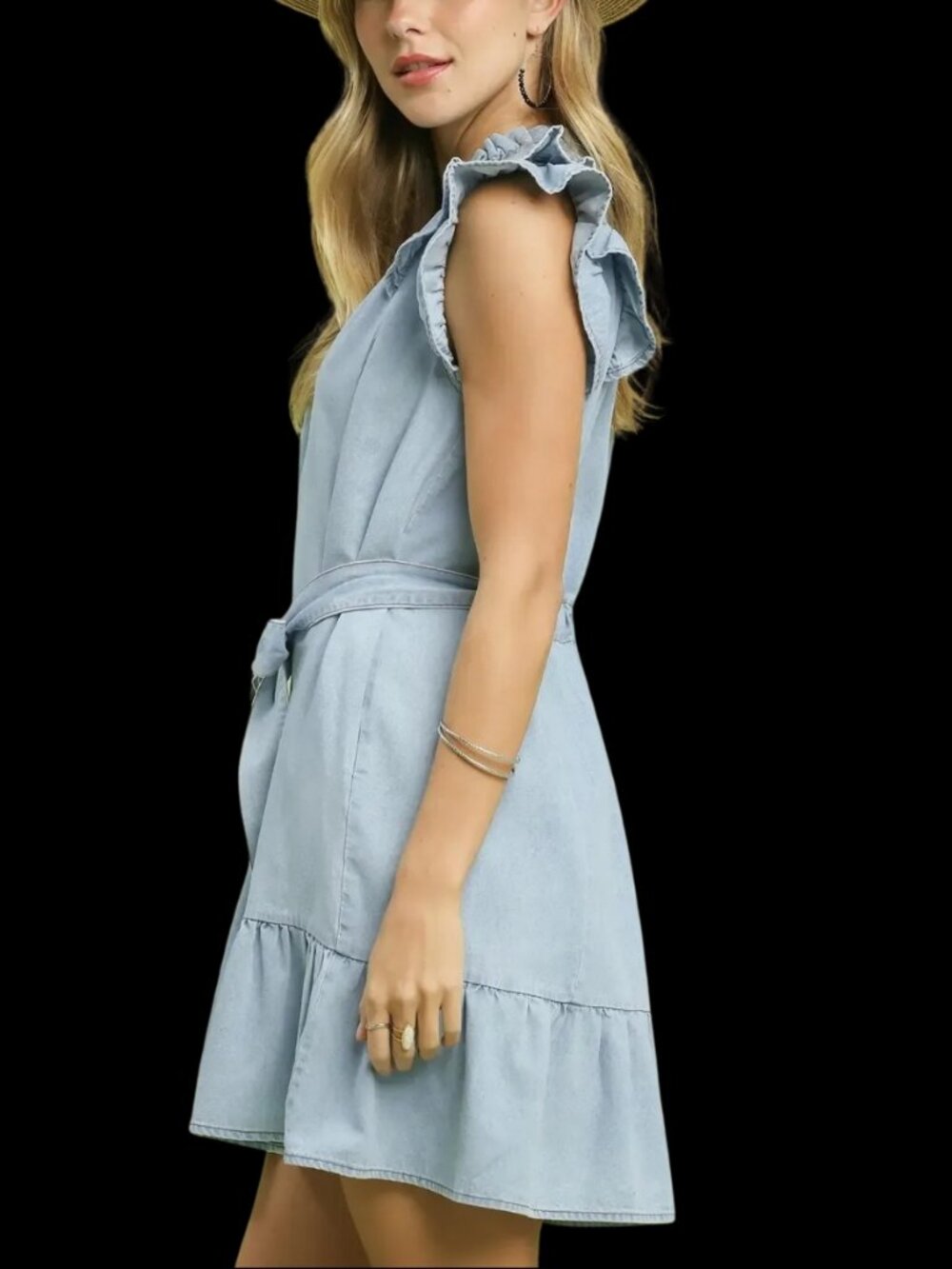 Umgee Chambray Ruffled Denim Dress with Side Pockets - Picture 2 of 4